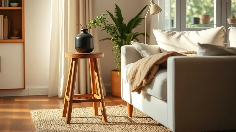 Wooden bar stool repurposed as a plant stand beside a living room sofa