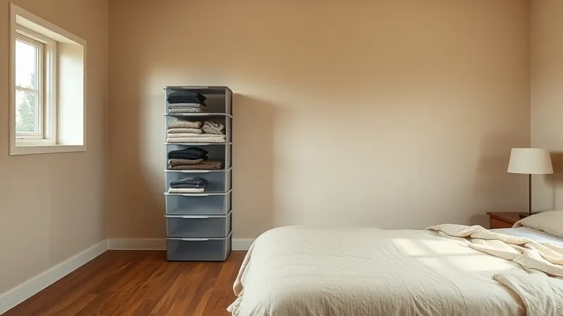 Slim stacking bin tower against a bedroom wall used in place of a closet