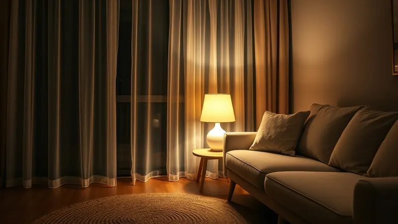 Warm glowing table lamp beside a cream sofa in the evening