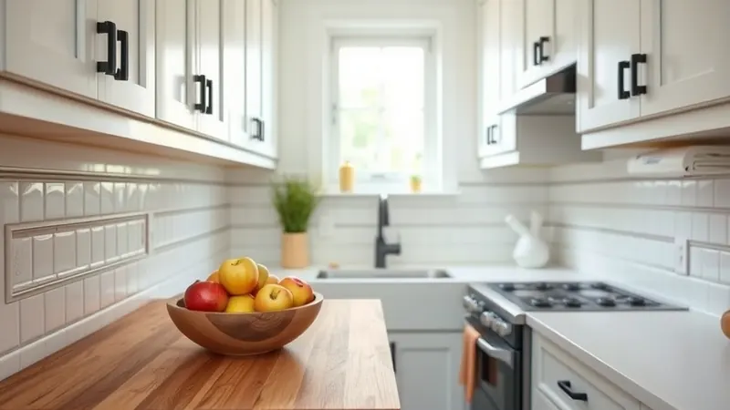 Cleared butcher block kitchen counter with one wood bowl filled with apples