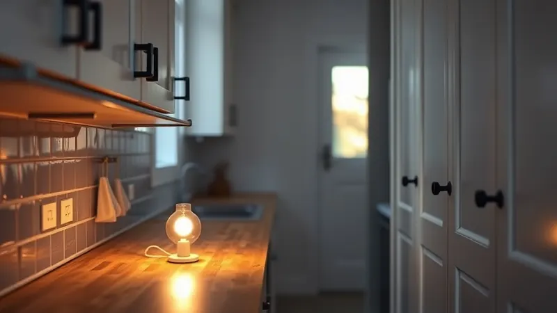 Small warm lamp glowing on a butcher block counter in a galley kitchen
