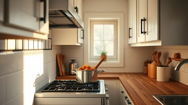 Small pot simmering orange peel and cinnamon sticks on a narrow galley kitchen stove