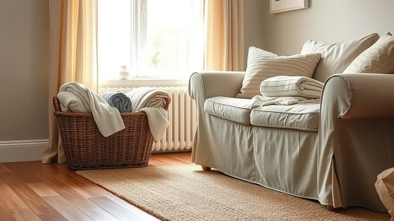 Woven basket full of folded blankets sitting beside a cream sofa