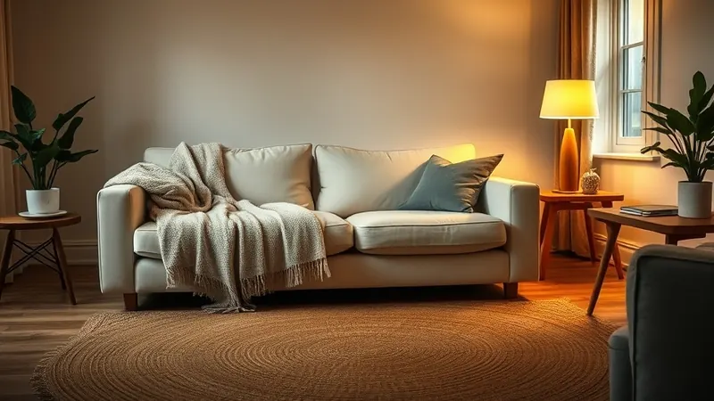 Tidy evening living room with a fluffed throw on the sofa and one lamp glowing warmly