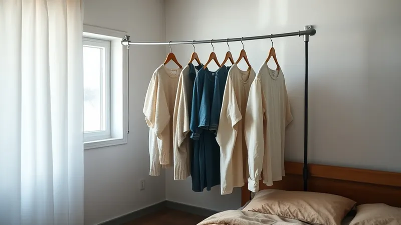 Tension rod holding clothes in a bedroom corner with no closet