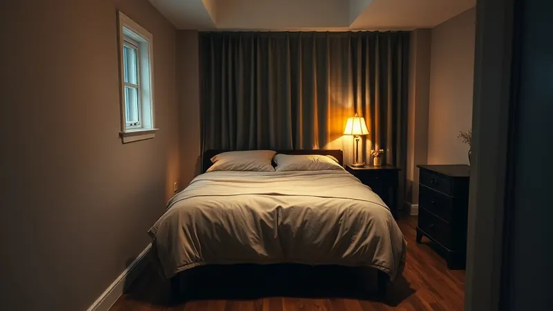 Freshly made bed with warm lamp light in a tidy small rented bedroom at night