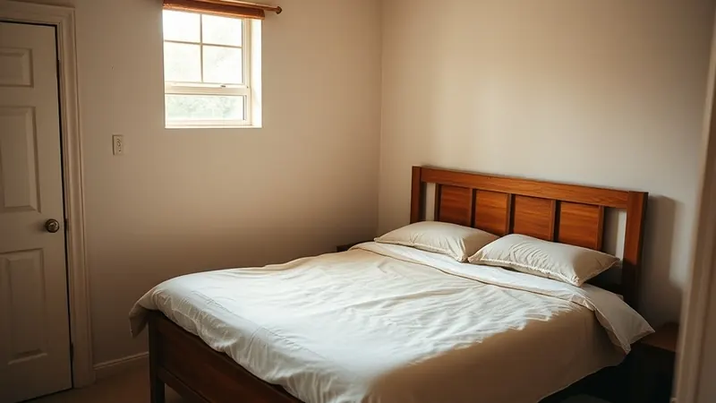 Wooden bed frame with oatmeal linen bedding and a storage bin visible underneath