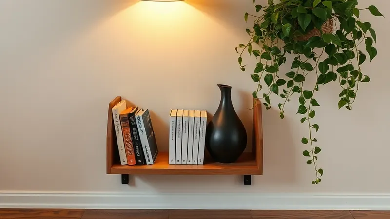 Bookshelf with books turned pages out beside a black ceramic vase and a small trailing pothos