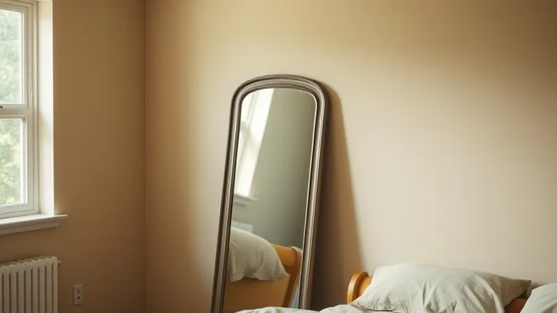 Secondhand mirror leaning in a bedroom corner near a small window