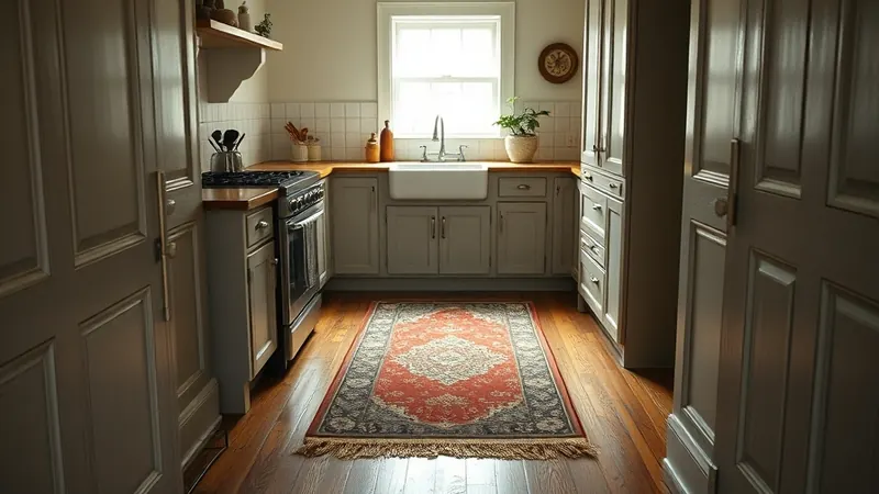 Thin vintage-style runner rug laid flat on worn oak floorboards in a galley kitchen