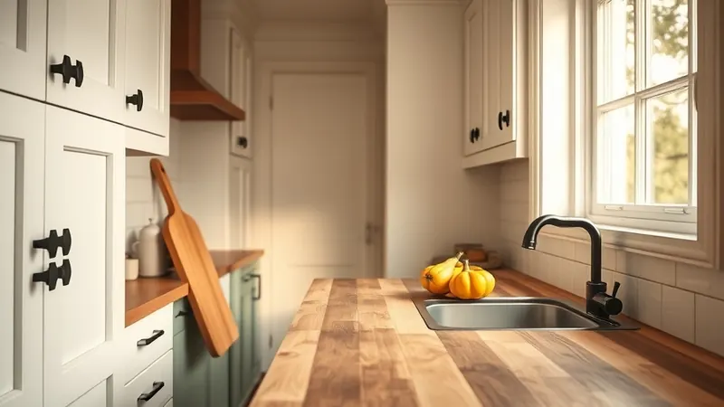 Butcher block counter with a leaning cutting board and a small bowl of gourds in a galley kitchen
