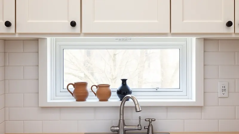 Stoneware mugs and a small black vase lined up on a kitchen windowsill