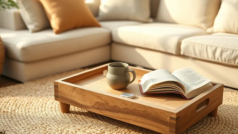 Small wood tray on a coffee table holding a mug, candle, and open book