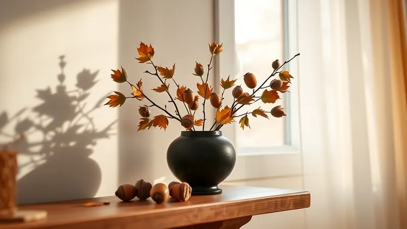 Black ceramic vase filled with acorns and fallen leaves on a living room shelf