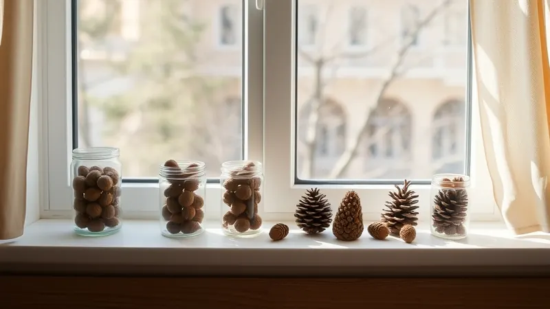 Glass jars filled with acorns and pinecones lined up on a windowsill