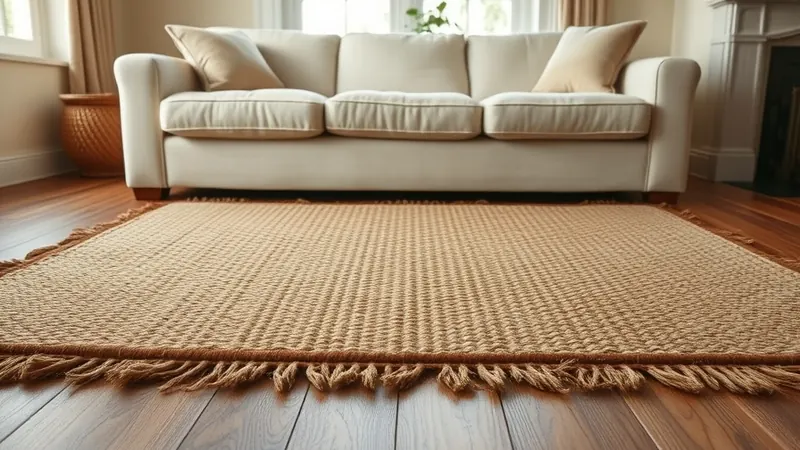 Small soft rug layered on top of a jute rug in front of a cream sofa
