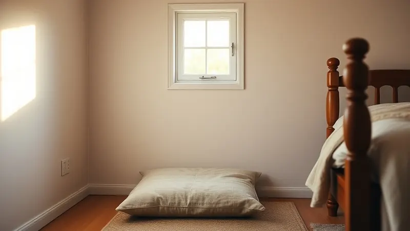 Floor cushion with an oatmeal linen throw set up as a reading nook under a small bedroom window