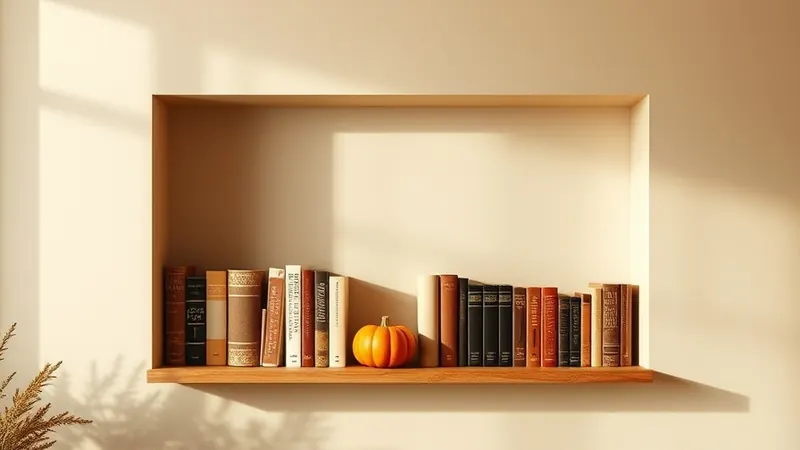Shelf styled with books grouped by warm color tones and a tiny pumpkin tucked between them