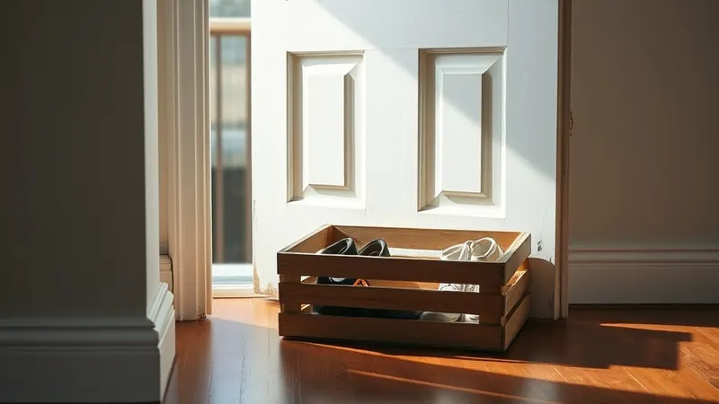 Wooden crate holding shoes by the entry door on worn oak floorboards