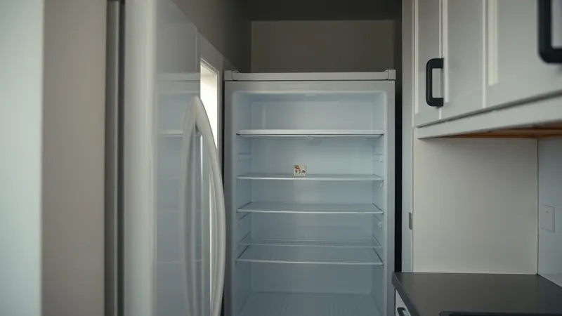 Bare fridge front with a single photo and magnet clip in a galley kitchen