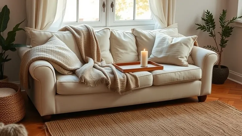 Tidy living room with folded throw, fluffed cushions, and a lit candle