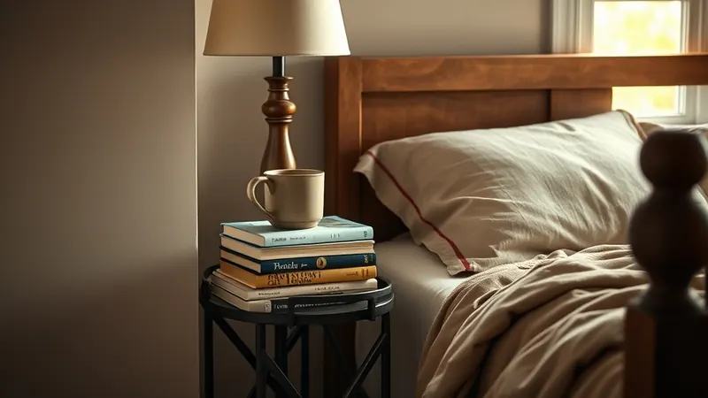 Stack of books topped with a lamp and mug on a small bedside bar cart