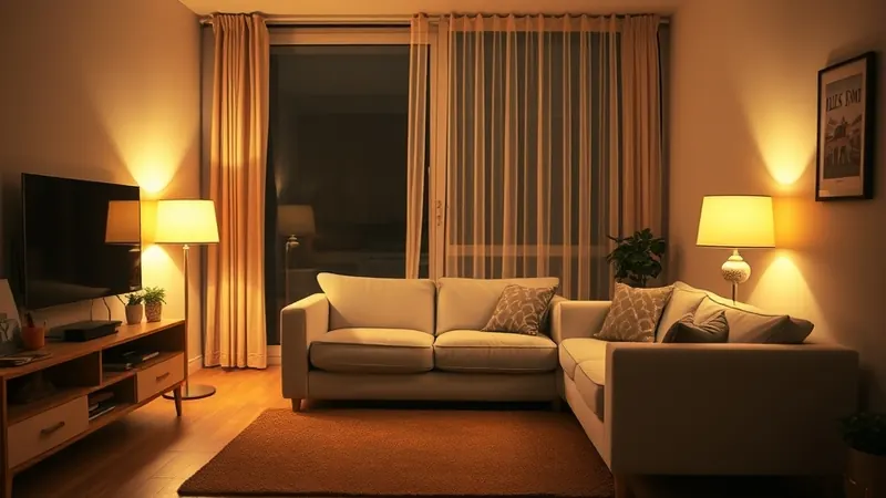 Living room lit only by warm lamp light with the overhead light off