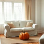 Cozy small apartment living room styled for fall with sofa, jute rug, pumpkin, and warm lamp light