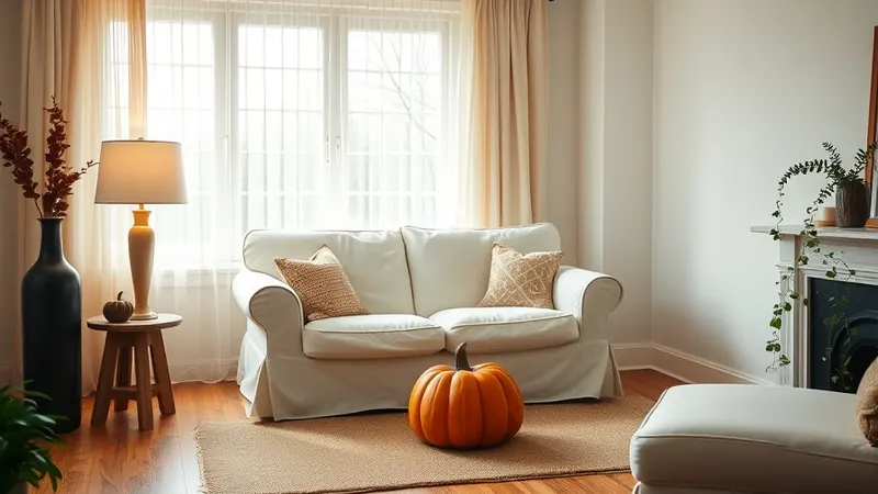 Cozy small apartment living room styled for fall with sofa, jute rug, pumpkin, and warm lamp light