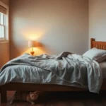 Small rented bedroom with oatmeal linen bedding, a quilt, warm lamp light, and a cat curled at the foot of the bed
