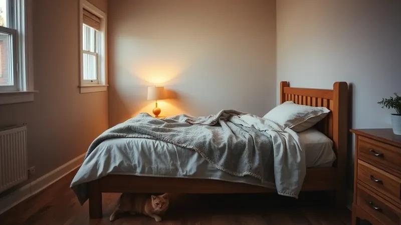 Small rented bedroom with oatmeal linen bedding, a quilt, warm lamp light, and a cat curled at the foot of the bed