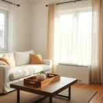 Small apartment living room with sofa angled toward a sunny window, throw blanket, and candle on a coffee table tray
