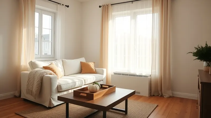 Small apartment living room with sofa angled toward a sunny window, throw blanket, and candle on a coffee table tray