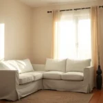 Cozy small rental living room with cream sofa, jute rug, and a plant by a sunny window