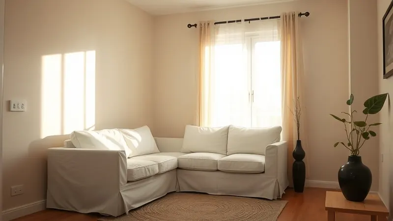 Cozy small rental living room with cream sofa, jute rug, and a plant by a sunny window