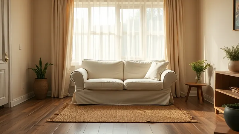 Cream sofa angled toward a large window in a small apartment living room