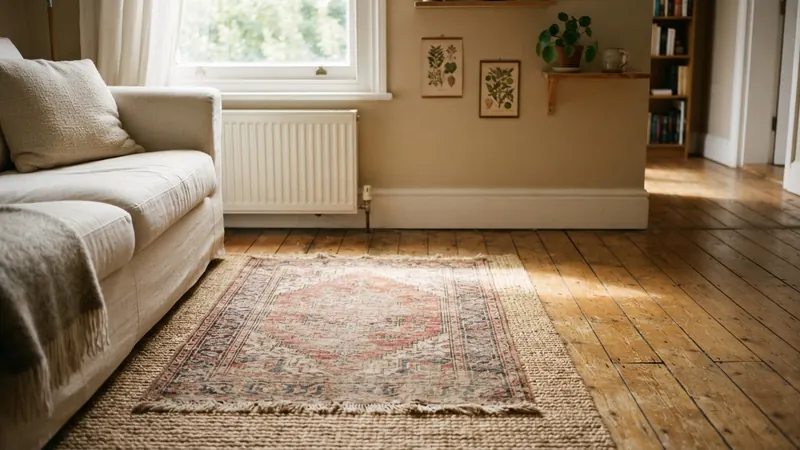 Small vintage rug layered over a jute rug corner in a rented apartment living room