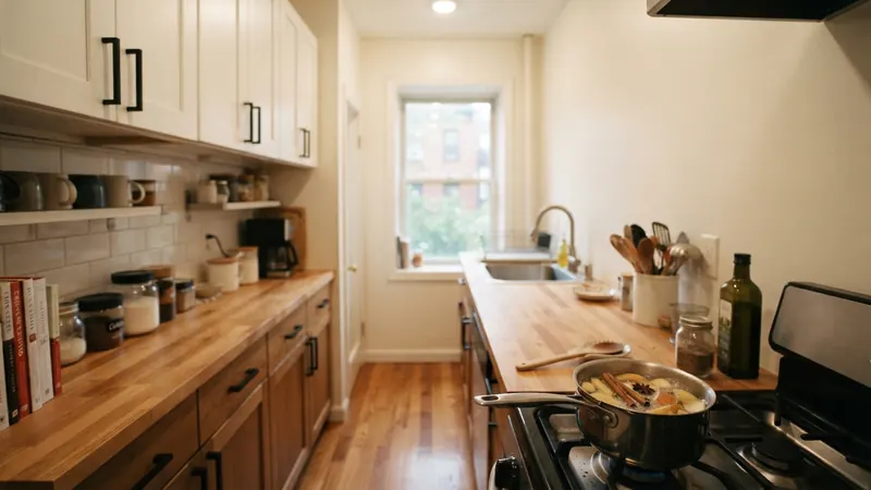 Pot simmering with cinnamon and apple peels on a stove in a narrow galley kitchen