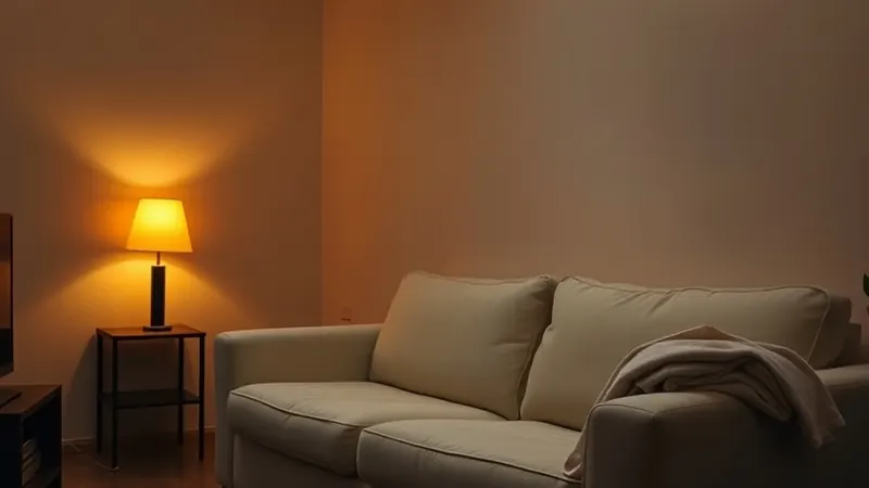 Warm amber lamp light glowing beside a cream sofa in a cozy apartment living room