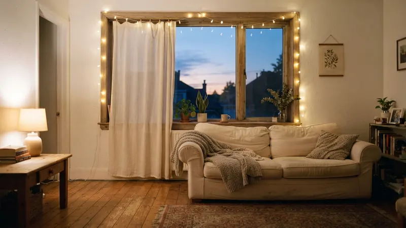 Warm fairy lights strung along a window frame in a small apartment living room at night