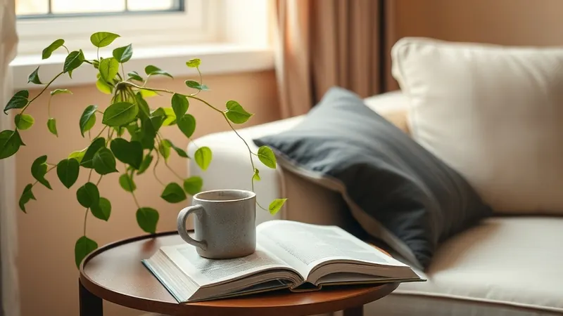 Side table styled with a mug, book, and trailing pothos plant in a cozy apartment