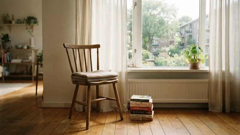 Wooden chair set up as a reading corner beside a large window in a rented apartment