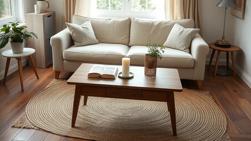 Coffee table decluttered to a candle, book, and small plant in a cozy apartment