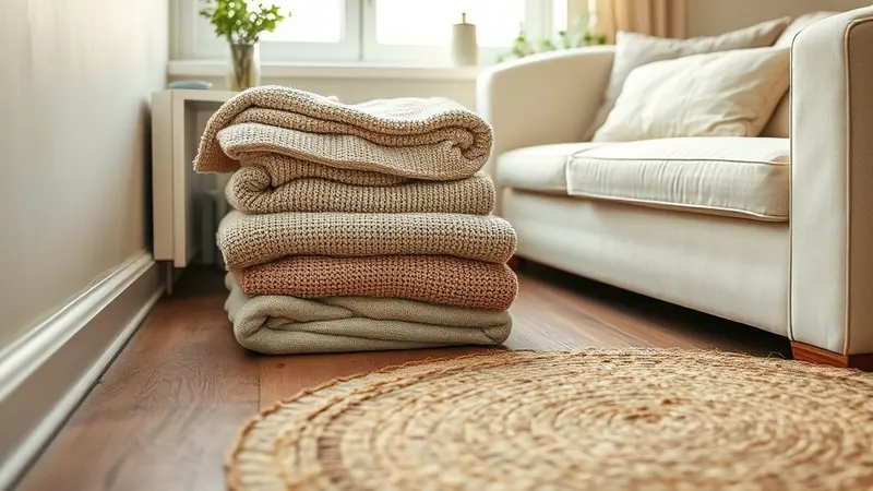 Folded stack of blankets on the floor beside a sofa in a small apartment