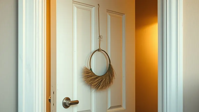 Small dried grass wreath hung on a removable hook on an apartment door