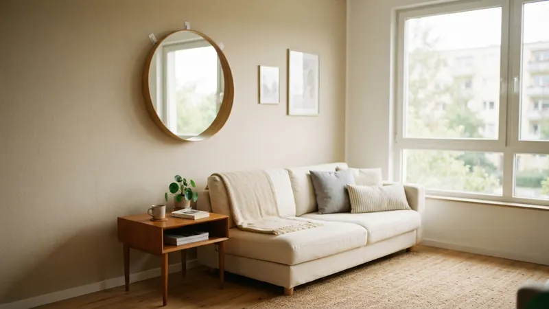 Round mirror hung with removable strips reflecting window light in a small apartment living room