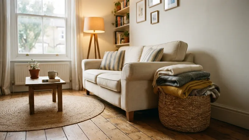 Woven basket filled with folded throws beside a sofa in a small apartment living room