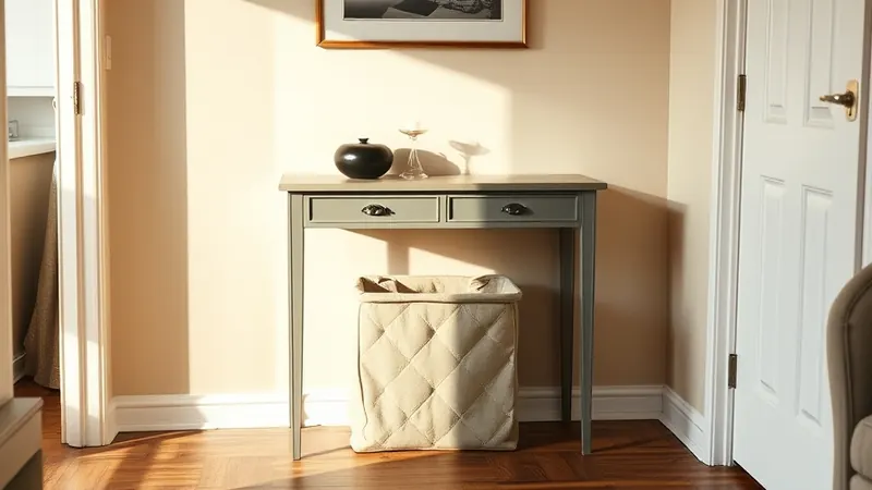 Fabric storage bin tucked under a console table in a small apartment dining corner