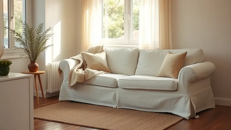 Oatmeal linen throw draped over the arm of a cream sofa in a small apartment