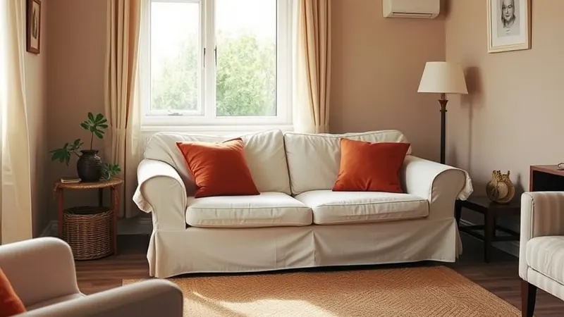 Rust and terracotta pillow covers on a cream sofa in a small apartment living room